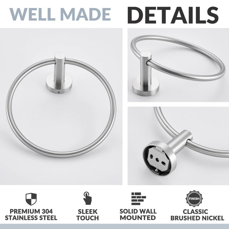 APLusee Bathroom Towel Ring Brushed Nickel, 304 Stainless Steel Hand Towel Holder for Bathroom Kitchen, Single Round Swivel Hanger, Wall Mounted - Image 5